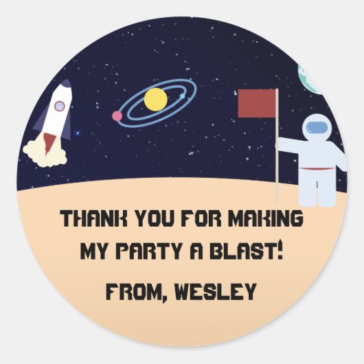 Sticker Rond Fête thème Spaced faveur autocollant, merci (Devant)