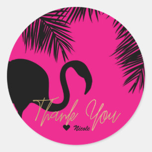 Sticker Rond Fête tropicale flamant rose et noir & palmier