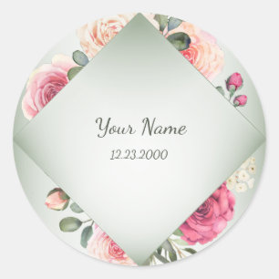 Sticker Rond Fête Verte Géométrique Rustique Florale Rose