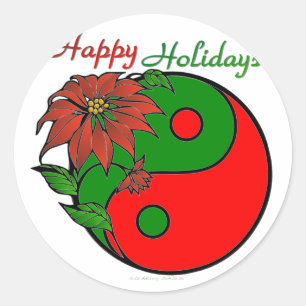 Sticker Rond Fête Yin Yang Poinsettia Vert Rouge
