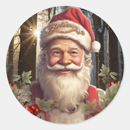 Sticker Rond Fêtes de Noël Santa Claus forêt enneigée (Devant)