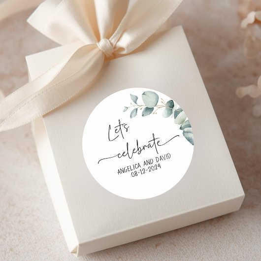 Sticker Rond Fêtons le nom date eucalyptus moderne