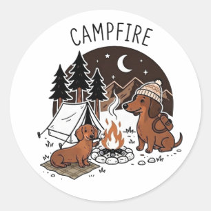 Sticker Rond Feu de camp Dachshund Chiens Camping Nuit