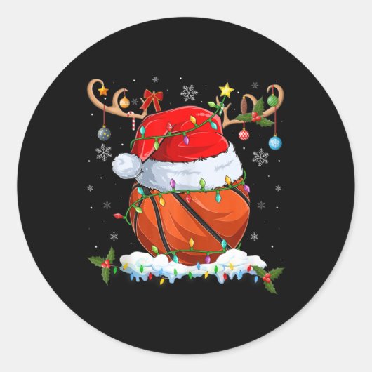 Sticker Rond Feu de Noël Éclairage Reindeer Santa Hat Basketbal (Devant)