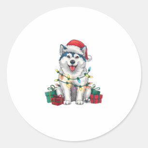 Sticker Rond Feu de Noël Feu de Noël Chapeau Malamute Chien Noë