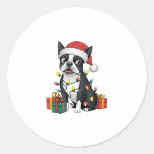 Sticker Rond Feu de Noël Santa Hat Boston Terrier Chien Noël