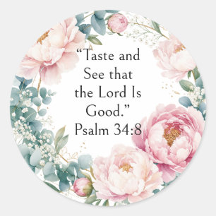 Sticker Rond Feuillage Rose Floral Aquarelle, Psaume 34:8 Verse