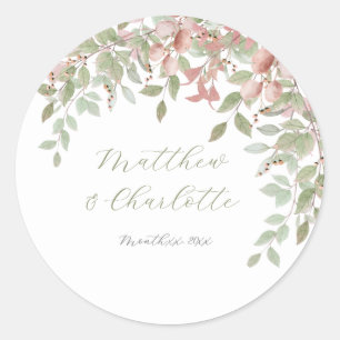 Sticker Rond Feuille aquarelle, Mariage vert et rose