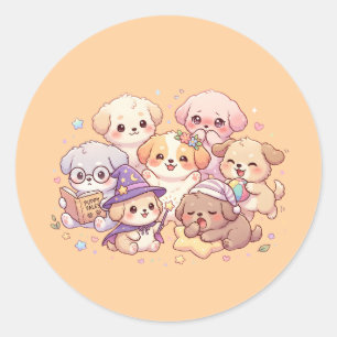 Sticker Rond Feuille d'autocollants de chiots pastel mignons