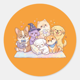 Sticker Rond Feuille d'autocollants de chiots pastel mignons am