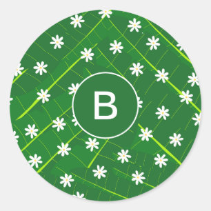 Sticker Rond feuille de banane tropicale et fleurs vert botaniq