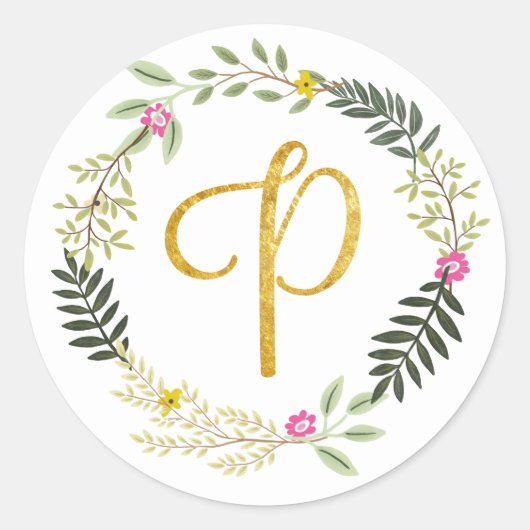 Sticker Rond Feuille de monogramme or P (Devant)