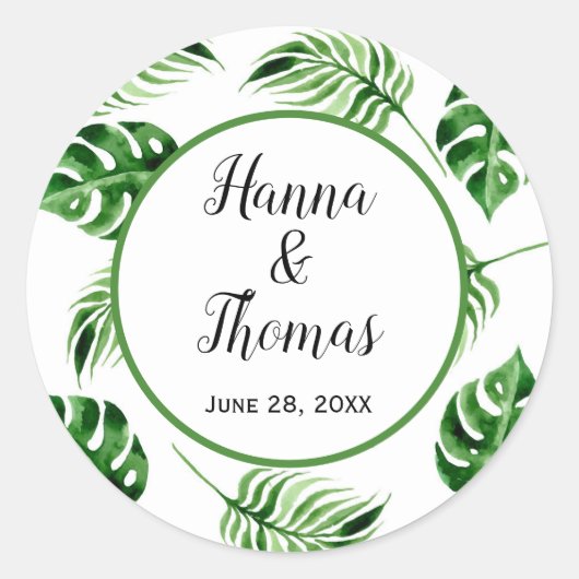 Sticker Rond Feuille de palme tropicale Destination Mariage cla (Devant)