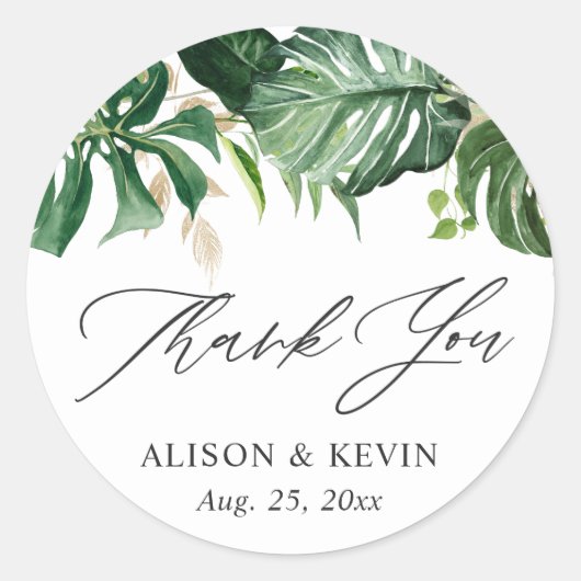 Sticker Rond Feuille de palmier tropical aquarelle Merci (Devant)