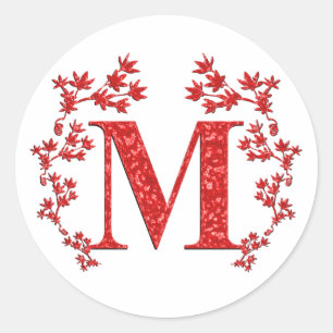 Sticker Rond Feuille de rouge de la lettre M de monogramme