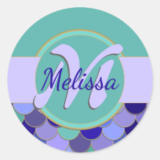 Sticker Rond Feuille de sirène de monogramme turquoise et pourp