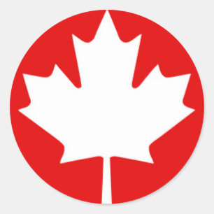 Sticker Rond Feuille d'érable blanche sur Arrière - plan rouge