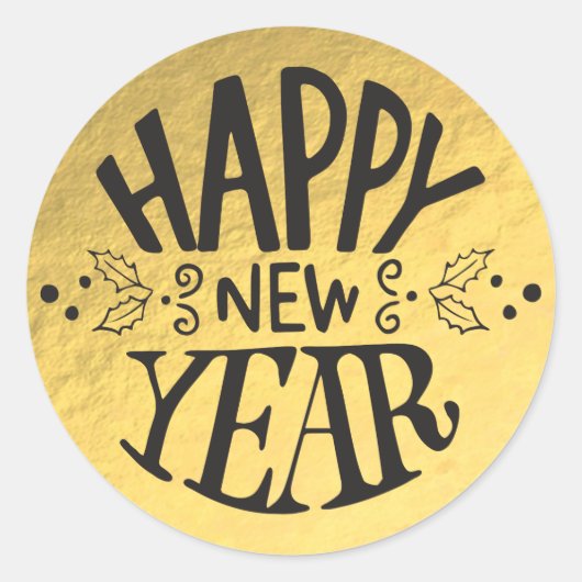 Sticker Rond Feuille d'Or Fêtes Paillettes Script Bonne Année (Devant)