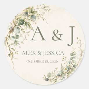 Sticker Rond Feuille: Mariage Botanique Rustique Personnalisé 