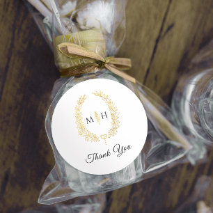 Sticker Rond Feuille ovale or monogramme noir cadeau de mariage