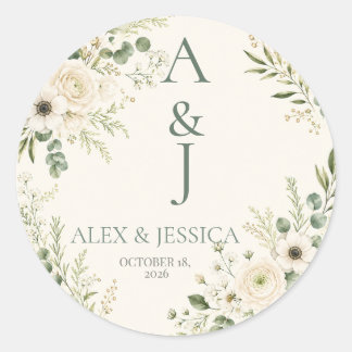 Sticker Rond Feuille : Sceau de Initiales de Mariage Botanique