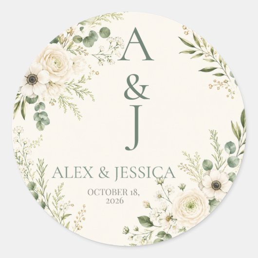 Sticker Rond Feuille : Sceau de Initiales de Mariage Botanique (Devant)