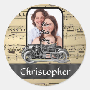 Sticker Rond Feuille vintage d'auto et de musique