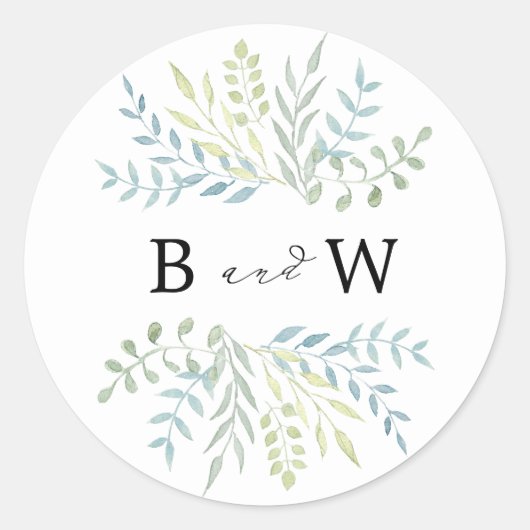 Sticker Rond Feuilles aquarelle en Mariage teintes vertes (Devant)