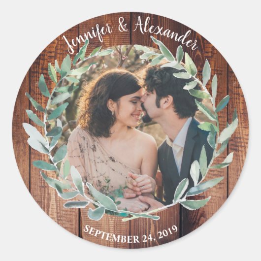 Sticker Rond Feuilles aquarelle sur Mariage photo en bois rusti (Devant)