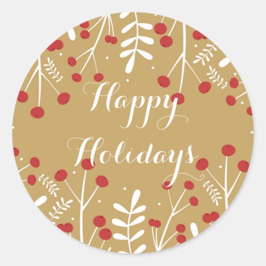 Sticker Rond Feuilles blancs & Berries Gold Holiday Favoriser (Devant)