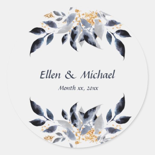 Sticker Rond Feuilles Bleues avec Mariage Or   (Devant)