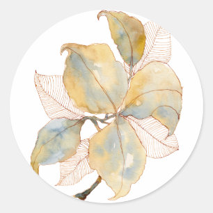 Sticker Rond Feuilles botaniques aquarelles bleu or mat