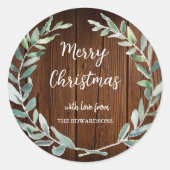 Sticker Rond Feuilles d'aquarelle bois rustique Joyeux Noël (Devant)