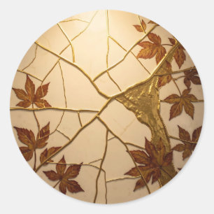 Sticker Rond Feuilles d'automne en marbre Kintsugi doré