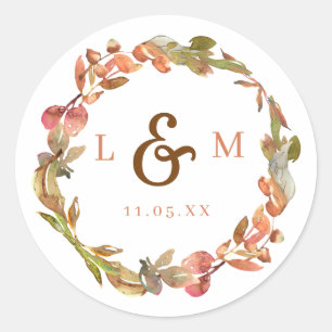 Sticker Rond Feuilles d'automne Terracotta Monogram Mariage