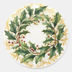 Sticker Rond Feuilles de houx dorées élégantes