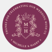 Sticker Rond Feuilles de la Couronne dessiné monogramme mariage (Devant)