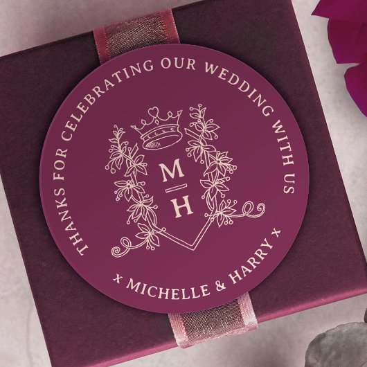 Sticker Rond Feuilles de la Couronne dessiné monogramme mariage