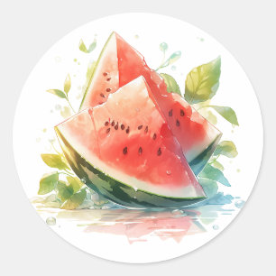 Sticker Rond Feuilles d'été avec pastèque à l'aquarelle