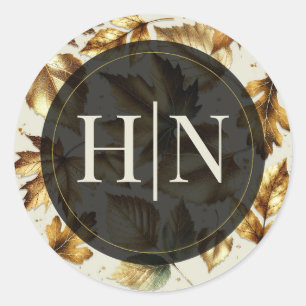 Sticker Rond Feuilles dorées Abricot Beige Crème Noir Mariage d