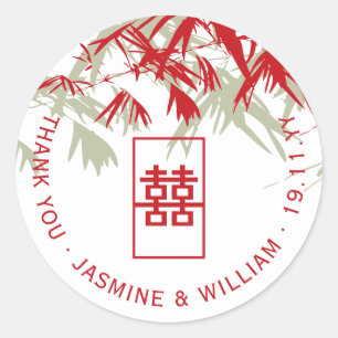 Sticker Rond Feuilles en bambou rouge et mousse Mariage chinois