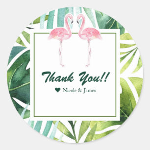 Sticker Rond Feuilles et Flamants roses tropicaux Mariage Faveu