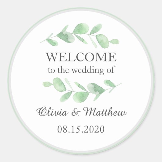 Sticker Rond Feuilles eucalyptus. Mariage simple Woodland Bienv (Devant)