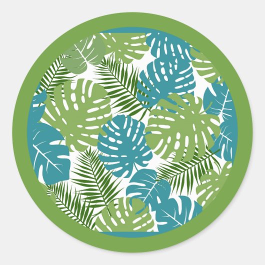Sticker Rond Feuilles tropicaux, arrière - plan vert, (Devant)