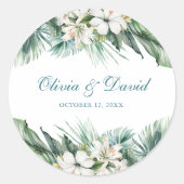 Sticker Rond Feuilles tropicaux et Mariage de fleurs blanches (Devant)