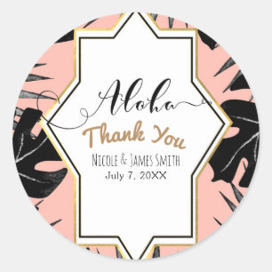 Sticker Rond Feuilles Tropicaux Noirs & Mariage Or Peach Coral