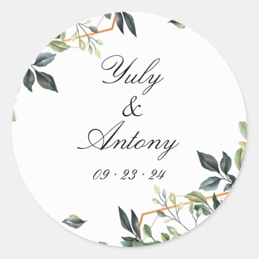 Sticker Rond Feuilles verts, Mariage moderne botanique (Devant)