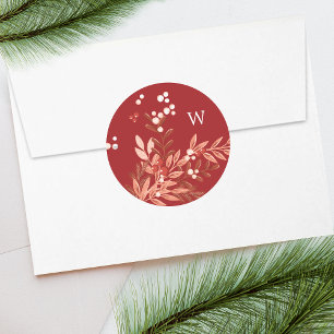 Sticker Rond Feuillu Floral Noël Traditionnel Rouge Fête