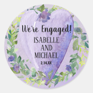 Sticker Rond Fiançailles d'aquarelle pourpre Coeur et fleurs