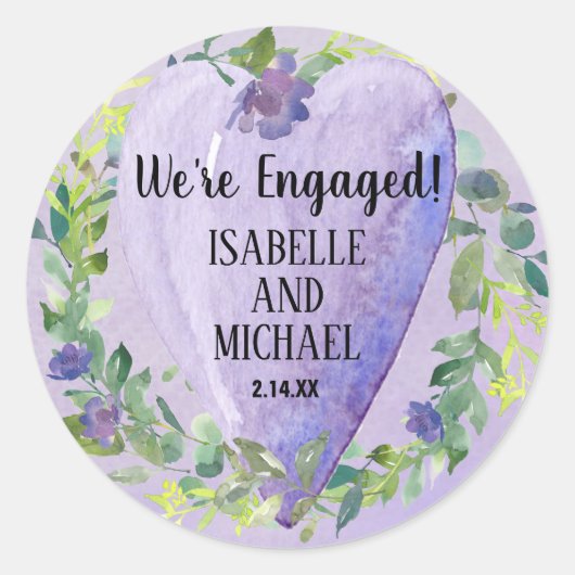 Sticker Rond Fiançailles d'aquarelle pourpre Coeur et fleurs (Devant)